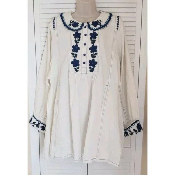 NEW FREE PEOPLE MORE TO COME EMBROIDERED LONG SLEEVE IVORY MINI DRESS LARGE